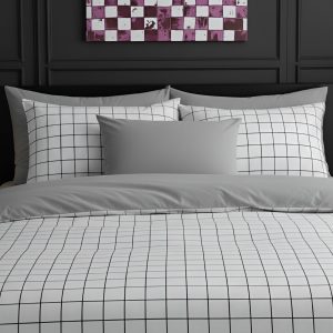 Λευκό – 220 x 240 – Διπλό Σετ Παπλωματοθήκης Διπλής Όψης Καρό